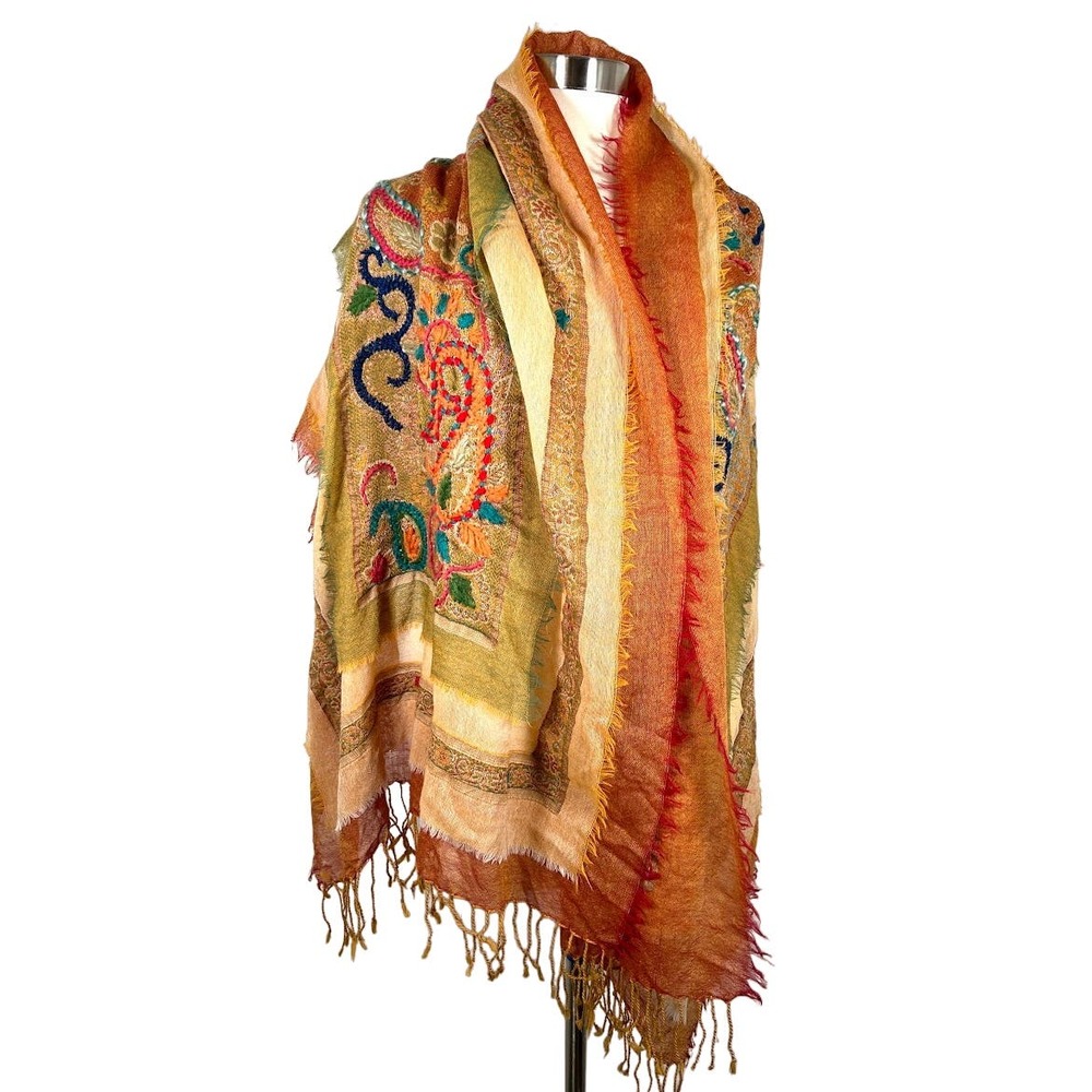 Women's Floral Paisley Embroidered Fringed Scarf Shawl O/S Brown Green Orange
